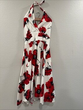 NEW without tags-Stop Staring White Halter Midi Dress with Red Floral Print